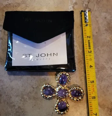 Rare Vtg St. John Amethyst Gold Tone Cross Brooch Pin Pouch Paper Purple Jewelry • $269.99