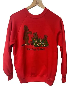 Vintage 80s Christmas Tree Bears FIRST ON WELL Red Sweatshirt By Free Style • $26