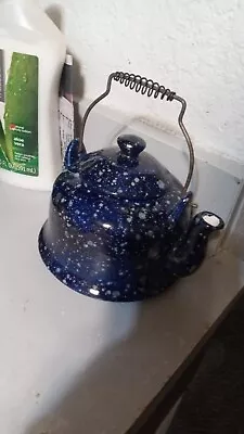 Vintage Cast Iron Blue Speckled Enamel Teapot Wire Handle Classic Clean  • $19.99