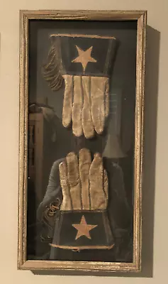 Antique Western Cowboy Fringed Leather Gauntlet Gloves W Star Blk & White Framed • $195