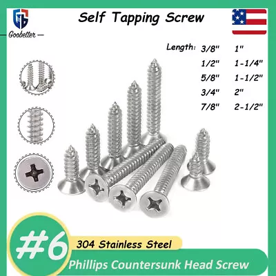 #6 Phillips Flat Countersunk Head Self Tapping Screw Wood Screws Stainless Steel • $5.52