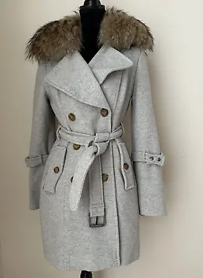 Andrew Marc Womens Racoon Fur Collar Wool Belted Coat Size 8 Gray Zipped Pockets • $240