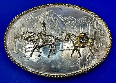 Travelling Cowboy Horse Riding Mountain Scenery Montana Silversmiths Belt Buckle • $65