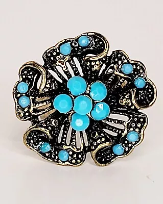 Vintage Ring Adjustable Size Band Boho Flower Design Blue • $14.99