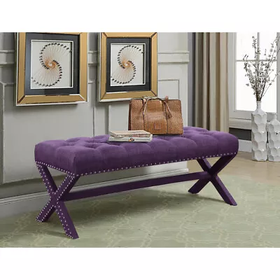 Luna Updated Neo Traditional Polished Nailhead Tufted Linen X Bench • $231.76