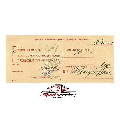 Marilyn Monroe Bank Issue Service Charge Receipt Dated 9-20-51 • $124.99