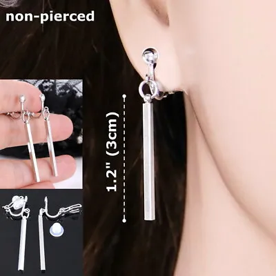 #E122B Women Men NON-PIERCED CLIP ON EARRINGS 1.2  Long Bar Square Silver Tone • $6.99