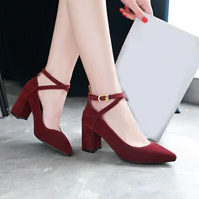 Classic Faux Suede Mary Jane Womens Block Heels Pointed Toe Cross Strap Shoes OL • $44.92