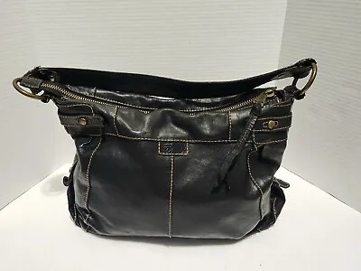 Fossil Black Leather Shoulder Bag Brass Tone Decorative Stitching Purse Vintage • $19.99
