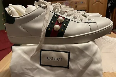 Gucci Ace Studded Whites Shoe Size 39.5 9w 431887 A38G0 9064 Calfskin Webbed • $400