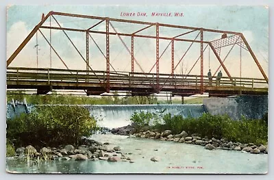 Mayville Wisconsin~Through Truss Bridge Over Lower Dam~Men Lean On Rails~1908 • $5.50