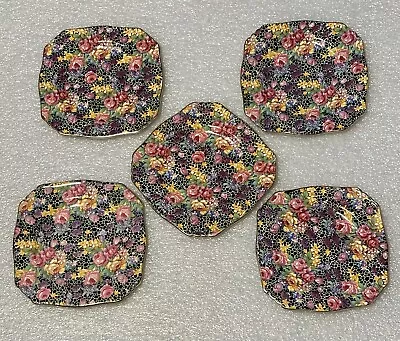 Set 5 Royal Winton Hazel Chintz Black 5.25” Bread & Butter Plates England VGC • $59