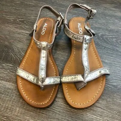 Aldo Berger Glitter T Strap Thong Sandals NWOT Silver Brown: 7.5 • $22.95