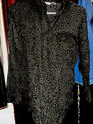 Khaki Green ZARA Leopard Animal Print Pussy Bow Tie Neck Shirt Top Blouse XSmall • £11.99