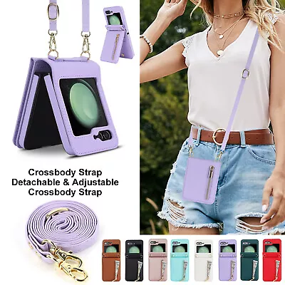 For Samsung Galaxy Z Flip 5 4/3 Leather Wallet Case Card Cover Crossbody Lanyard • $17.58