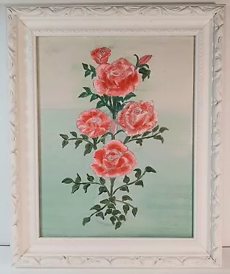 Framed Orig Oil Painting Pink Roses White Decorative Frame Naive Style 14 X 11  • $36.99