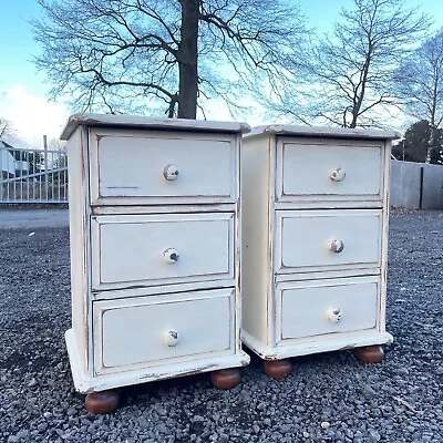 Pair Painted Bedside Tables 3 Drawer Pine White Laura Ashley Paint Cabinets • £110