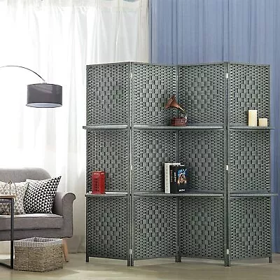 MyGift 6-Foot Gray Bamboo Woven 4-Panel Room Divider With 2 Shelves • $179.99