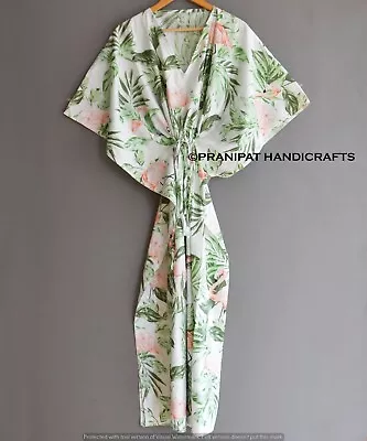 Women Hippie Cotton Summer Sleepwear Flamingo Print White Long Maxi Caftan Dress • £23.86