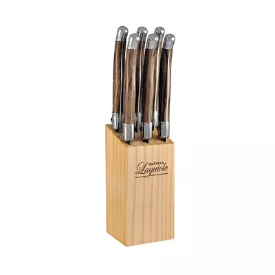 7pc Chateau Laguiole Wooden Stainless Steel Steak Knife W/ Block Set Cutlery • $44