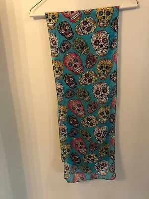 TEAL MULTI COLORFUL SKULL DESIGN POLYESTER SCARF 10”W X 60” L • $7.99