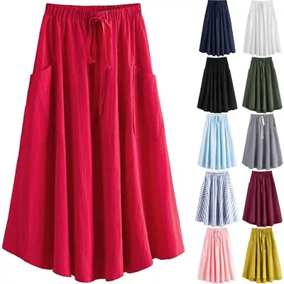 Womens Skirt Elastic Waist Pleated Lady Solid Cotton Linen Midi Beach Drawstring • £20.39