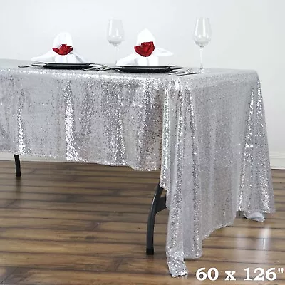 60x126  Silver SEQUIN RECTANGLE TABLECLOTH Light Gray Party Catering Linens SALE • $26.31