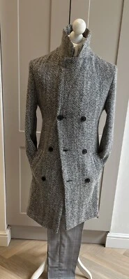 £29.99 • Buy Mens Grey Herringbone Alpaca Type Short Covert Over Coat M 38 Jacket Tweed Check
