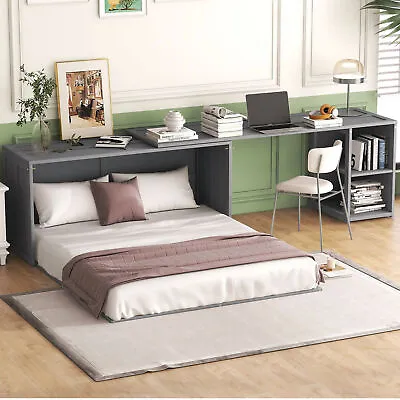 Queen Size Murphy Bed Floor Bed Frame With Rotatable Desk Shelves Table Rack US • $645.05