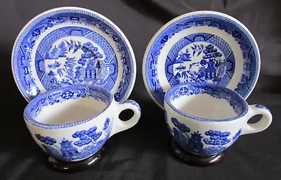 BUFFALO CHINA Restaurant Ware 2 Cups & Saucers BLUE WILLOW Green Backstamp #2 • $27.99