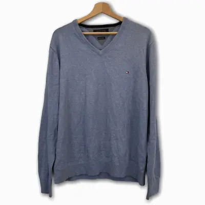 Tommy Hilfiger Mens V Neck Sweater XL Cotton Cashmere Sweatshirt Blue • £14.99