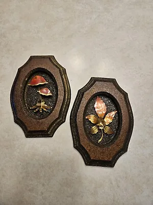 Vintage Pair MCM Mid Century Wood Plaques Metal Copper Mushroom Leaf Retro • $14.99