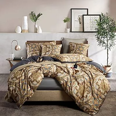 Vintage Style Duvet Cover Paisley Floral Duvet Cover Set 5 PCS Boho Queen Gold • $68.65