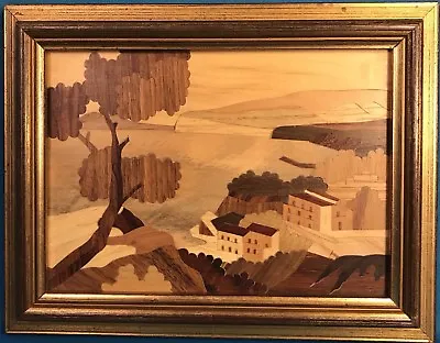 Vintage MARQUETRY City Seaside Ocean Wall Artwork Wood Inlay Picture Gold Frame • $24.99