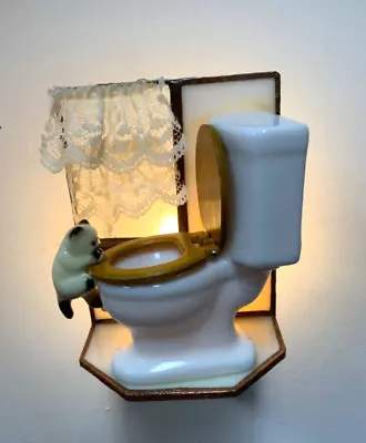 VTG Cat Nightlight On Porcelain Toilet Stained Glass Window With Lace Curtain • $48.95