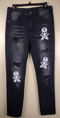 Vintage Y2K Men's Black Skull Pattern Distressed Denim Jeans Sz 30x30 • $25