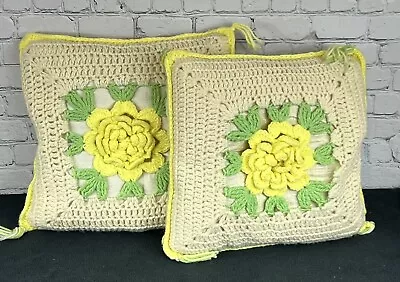 Vintage Crochet Yellow Rose Throw Pillows Pair Granny Square 14 Inch • $26.99