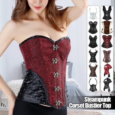 S-2XL Faux Leather Lady Steampunk Corset Bustier Top Lace Up Waist Gothic Shaper • $27.63