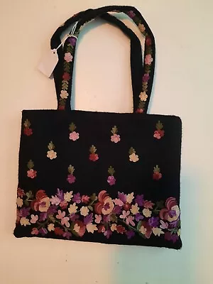 Vintage Newport New India Bag Embroidery Flowers Black Soft • $15