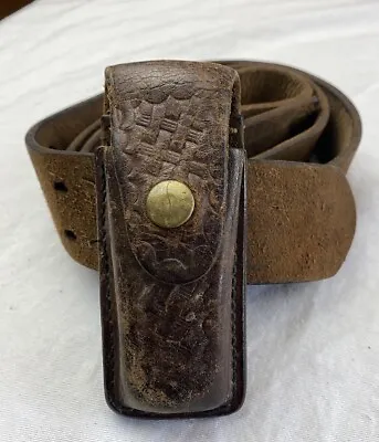 Vtg Mens Brown Leather Double Prong W/ Knife Sheath Rugged • $27