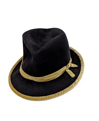 ROD KEENAN  Vintage  BLACK FUR FELT FEDORA Beige Velvet TRIM 21.5 Inches (Small) • $32.50