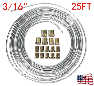 USA Zinc Steel Brake Line Tubing Kit 3/16''OD 25Ft Coil Roll + 16x Nuts Fittings • $27.27