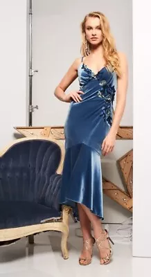 Theia Blue Velvet Floral Appliqué Mermaid Slip Cocktail Dress • $89.99