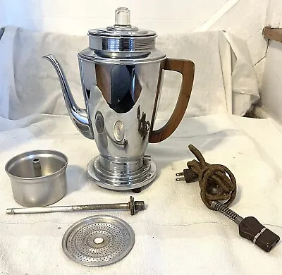 MANNING BOWMAN 397/8 Chrome Coffee Percolator With Wood Handle COMPLETE - WORKS! • $44.95