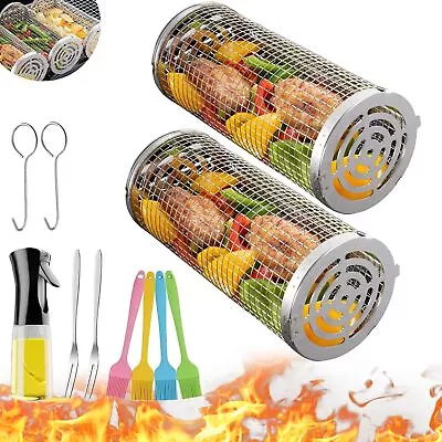 Rolling Grilling Baskets For Outdoor Grill Grate Charcoal Round Bbq Stainless St • $24.46