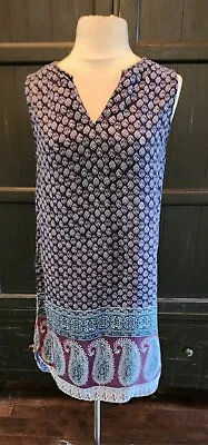 Beach Lunch Lounge Sleeveless Shift Dress Navy Plum Paisley Women's M Pre-owned • $12.99