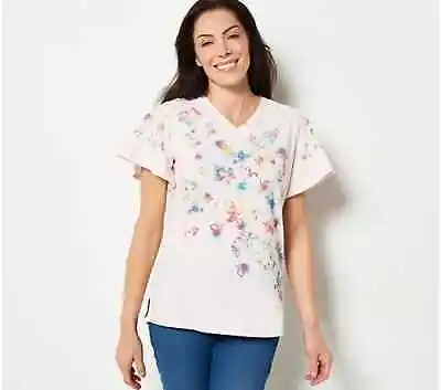 Quacker Factory Watercolor Floral Flutter Sleeve Top Barely Pink Medium A396131 • $22.48
