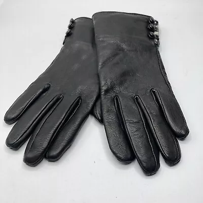 Lord & Taylor Women's Luxury Leather Fur Lined Gloves In Black Sz 7 1/2 Button • $29.95