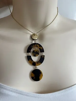 J.CREW Tortoise Shell Orbit Long Fashion Necklace Gold Tone Link Chain Link • $25.99