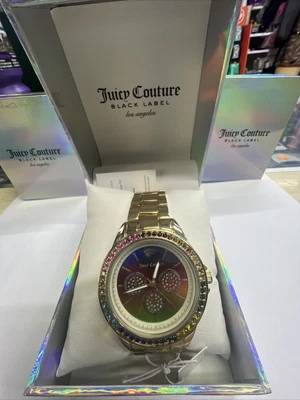 £40 • Buy Juicy Couture Black Label Los Angeles Gold Rainbow Crystals Watch BRAND NEW $150